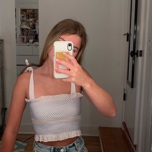 Blue and White Frilly Tank Top with Shoulder Ties